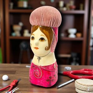 Vintage Papier-Mâché Lady Head Pin Cushion, Gemma Taccogna Style, 8" Pink MCM